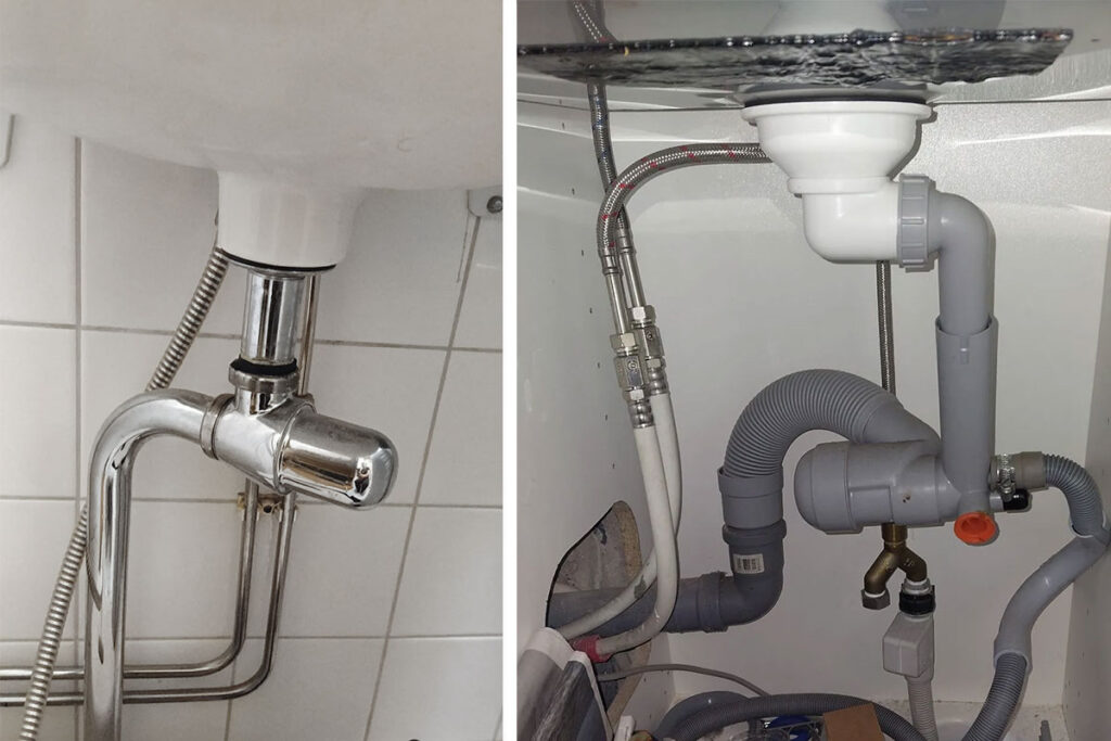 Hajulukko väärin asennettuna keittiön viemariputken asennustyössä.