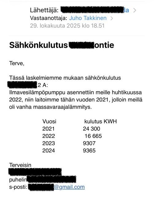 Sähkönkulutun ilma-vesilämpöpumppu.